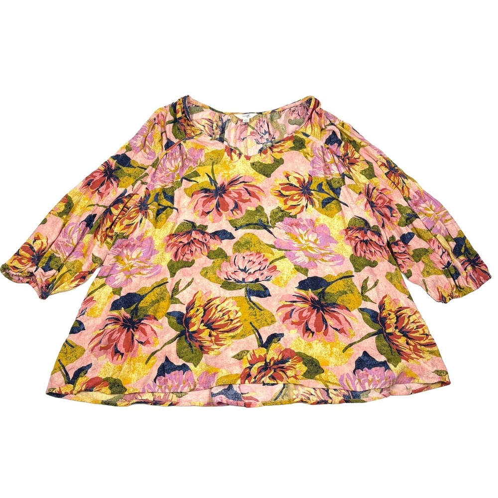 Terra & Sky Floral Poet Sleeve Blouse Top Womens Sz 2X Pink Green Flowy Romantic